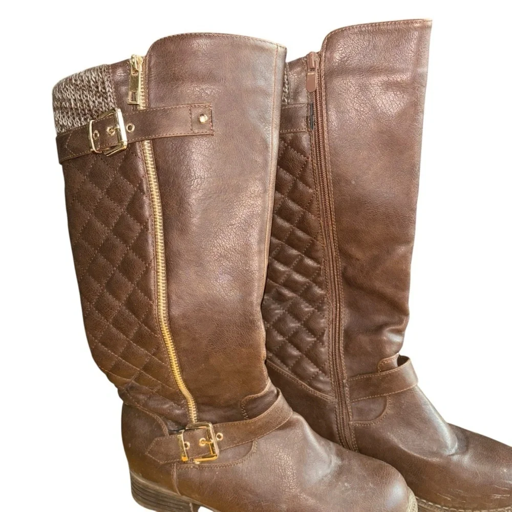Knee High Brown Quilted Knit Riding Boots Women’s 7.5 Gold Buckle Zipper Accent - Picture 10 of 16